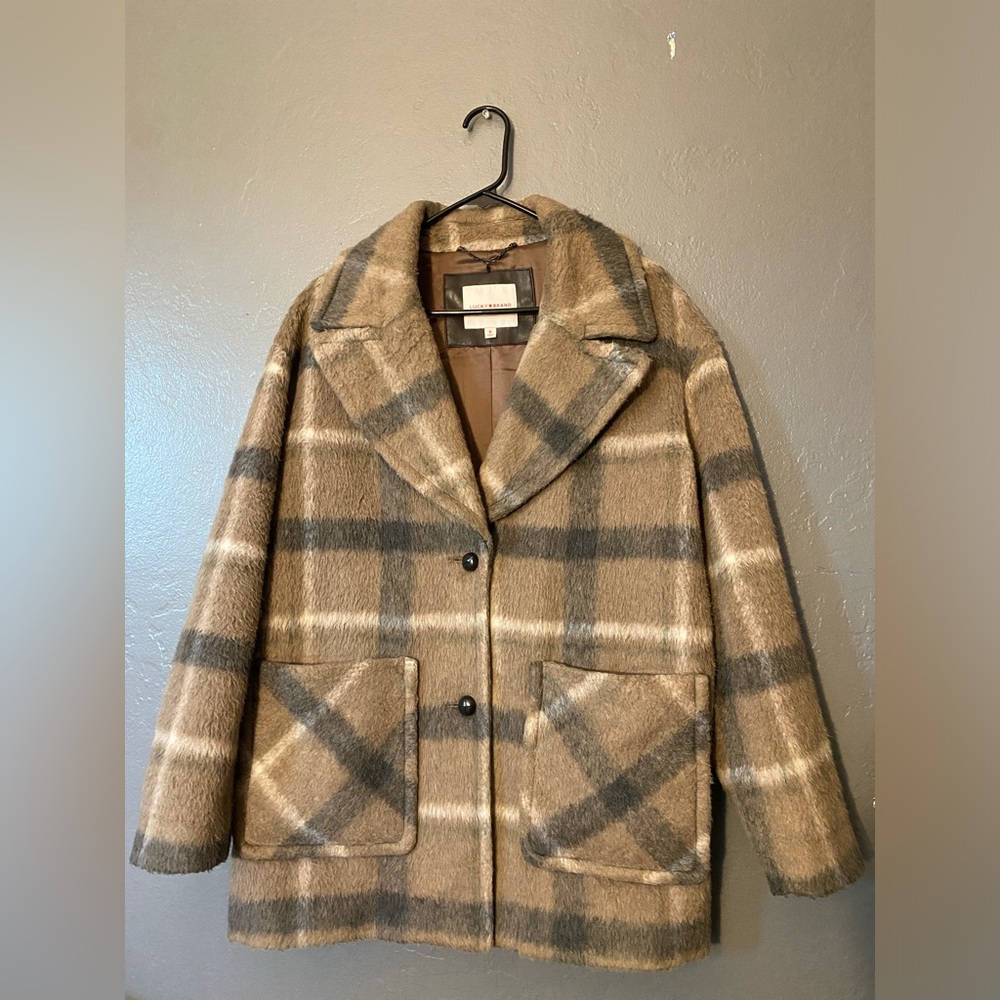 Lucky Brand NOTCH COLLAR SINGLE BREAST COAT IN LIGHT BROWN PLAID‎ Size Medium